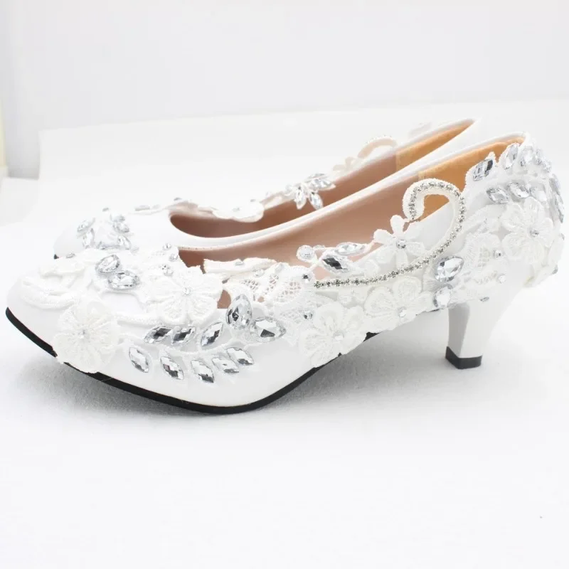 Sexy Pumps Women Wedding PU 3 5 8CM Thin Heels Fashion Water Diamond Flower Shallow Lace Women Party Mule Shoes White