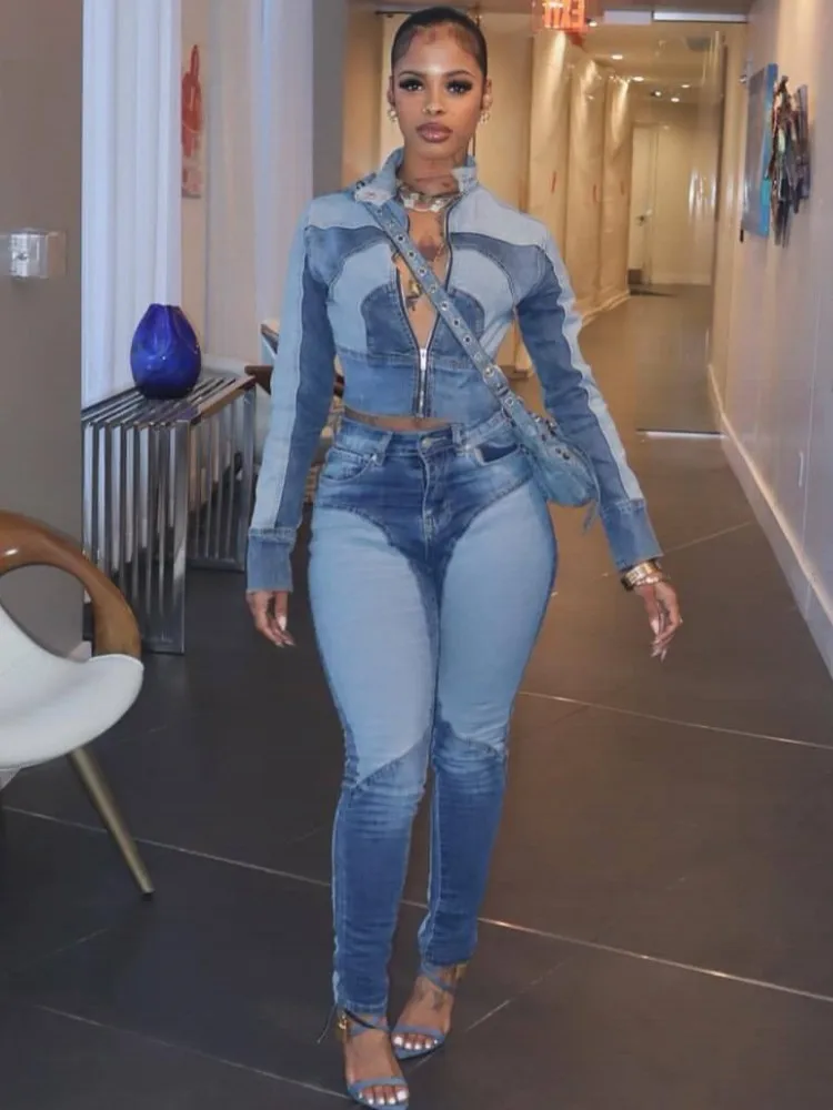 

Женские комплекты из 2 предметов, Новое поступление 2025, осенне-зимние одинаковые комплекты, джинсовый топ с длинными рукавами и джинсы, брюки, костюмы, одежда