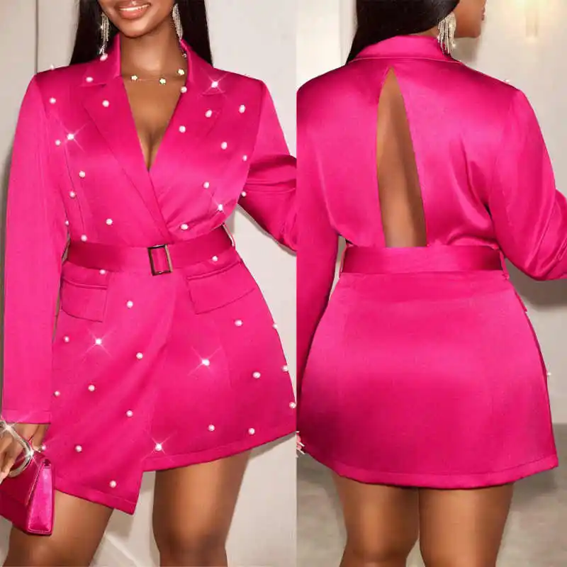 

Fashion Women's Suit 1 Pieces Backless Blazer With Belt Double Breasted Pearls Special Occasion Commuter Office Customized