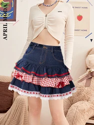 2023 Summer Sweet Lolita Denim Skirt Y2K Girls Cute High Waist Casual Bow Tiered Skirts Women Korean Hearts Kawaii Mini Skirts