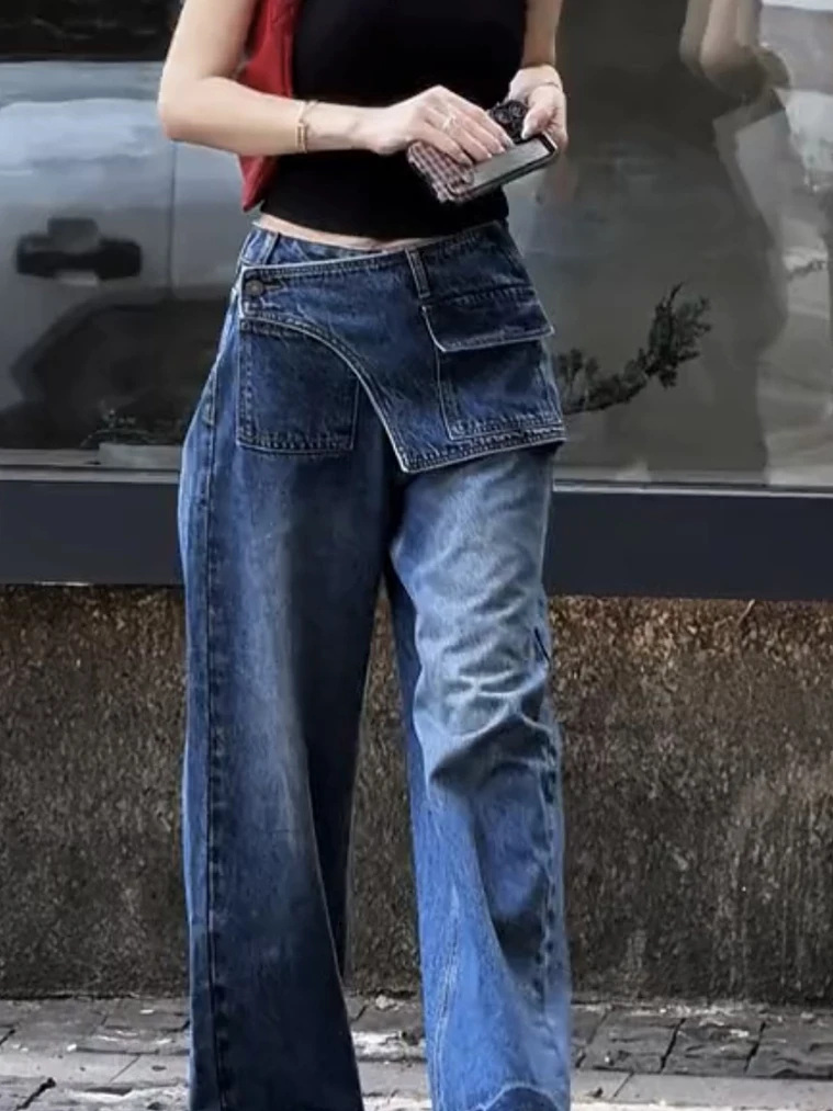 High Waist Wide Leg Denim Jeans Women's plus Size Loose Pants American High Street Retro Straight Long Trousers