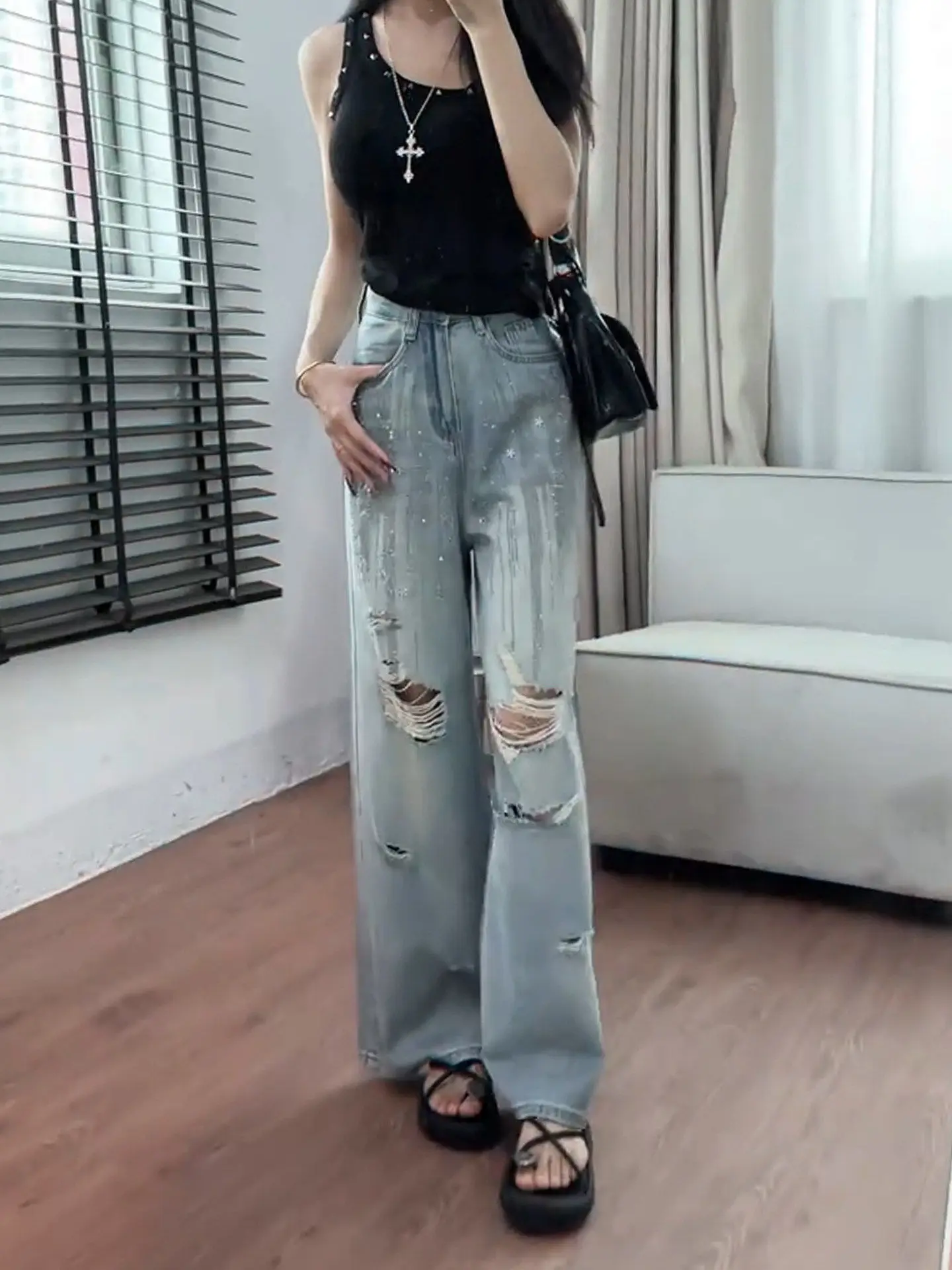 Y2K Retro Rhinestone Ripped Straight Leg Jeans Thin Loose Wide Leg Floor Length Pants Summer for Women