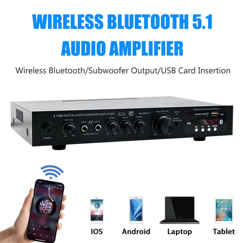 

AV-369BT Bluetooth 5.1 Sound Speaker AMP 6 Channel HiFi Amplifiers Stereo Audio Amplifier for Home Theater FM USB Remote Control