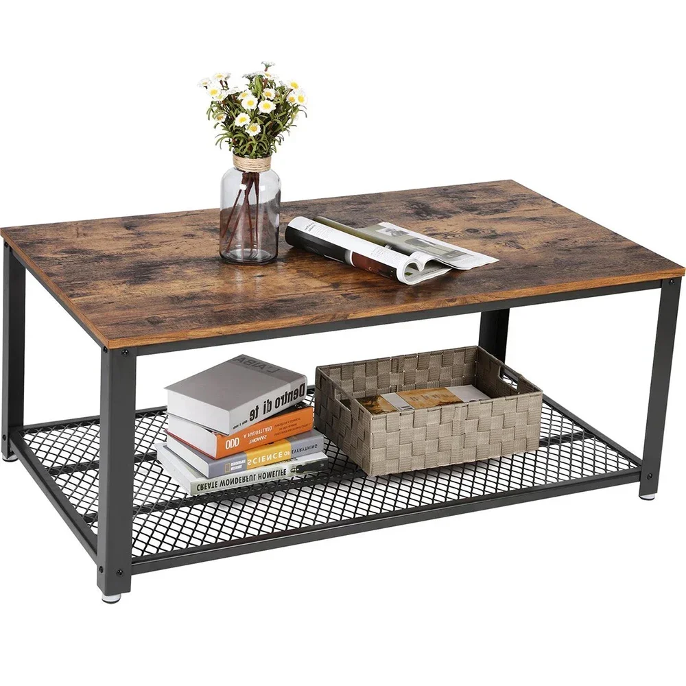 

Brown Reclaimed Wood and Black Metal Coffee Table Living Room and Dining Home Furniture with Stainless Steel Frame