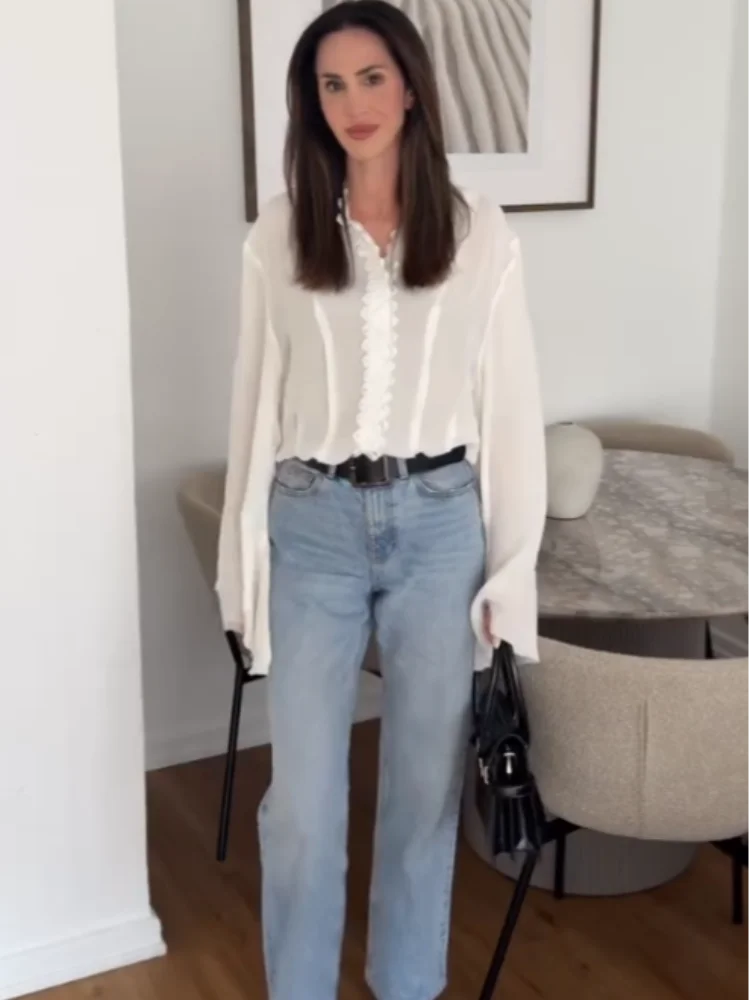 

Elegant Chiffon Ruffle Shirt Women Casual V Neck Full Flare Sleeve Loose Female Blouse Spring Summer Lady Outerwears 2025 New