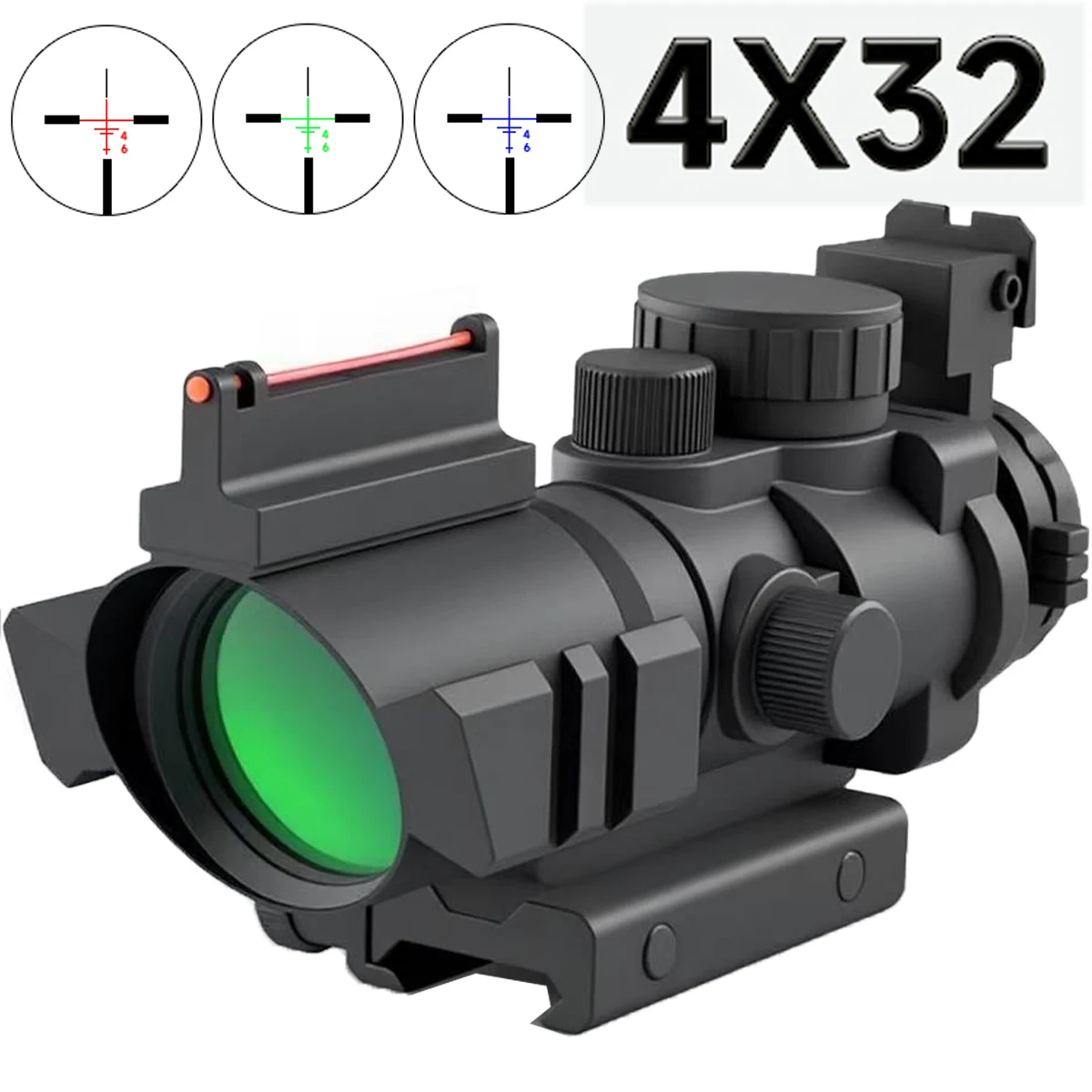 

4x32 Tricolor Illuminated Riflescope Nitrogen Filled Anti Fog Enclosed 4x Magnifying Glass Adjustable Diopter Airsoft Collimator
