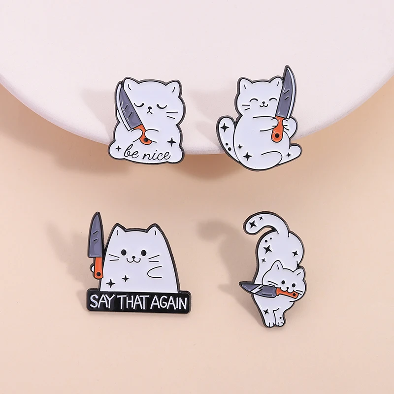 

Be Nice Cat Holding Knife Enamel Pin Say That Again Metal Brooch Lapel Badge Cute Animals Jewelry Wholesale Gift For Kid Friend