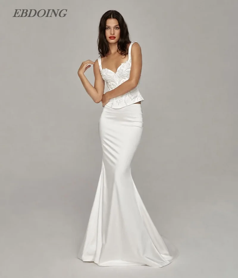 EBDOING Customized Wedding Dress Mermaid Satin Set Sweetheart Neck Neckline With Shoulder Straps Customized Bride Gowns