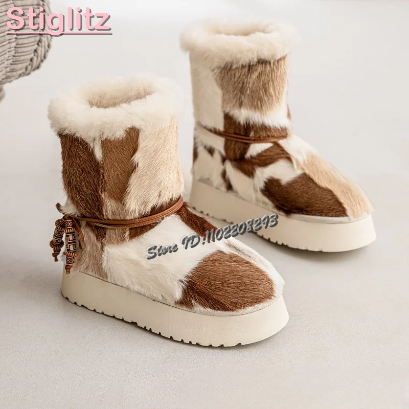 Botas de nieve de piel de retales para mujer, botas cortas de lana sin cordones con pelo de caballo y punta redonda, zapatos cálidos gruesos de estilo étnico, otoño 2025