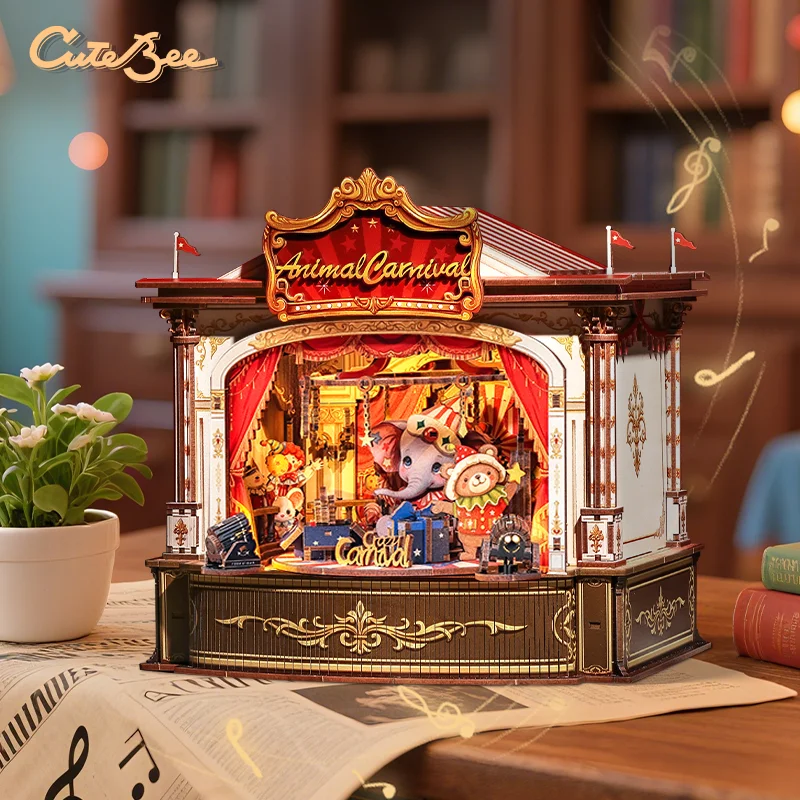 

CuteBee Hot Sale 3D Wooden Puzzle TTCB501 Animal Carnival DIY Music Box Tilt-A-Whirl Mode Diy Miniature House