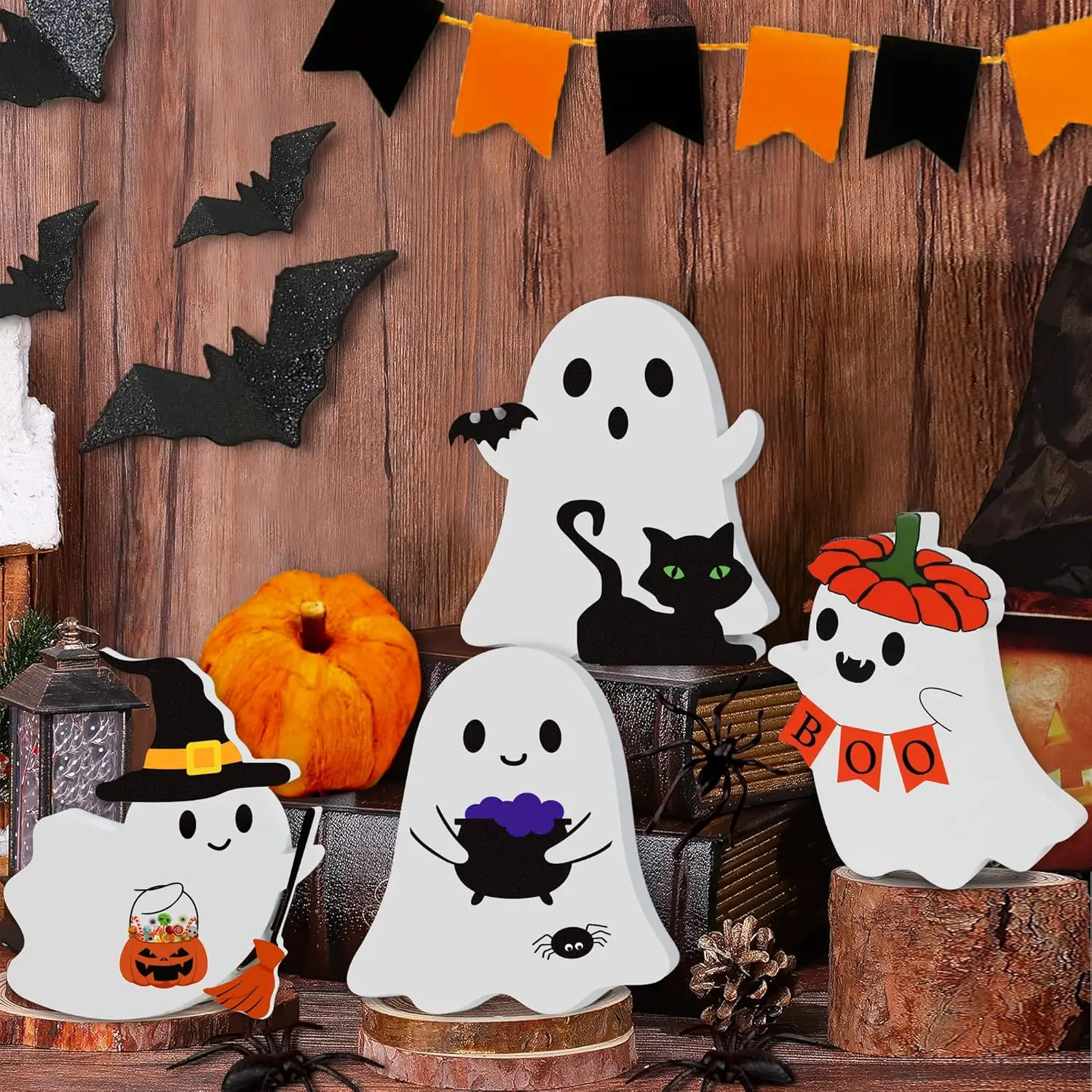 4 Pieces Halloween Decor Halloween Tiered Tray Decorations Tabletop Wooden Ghost Theme