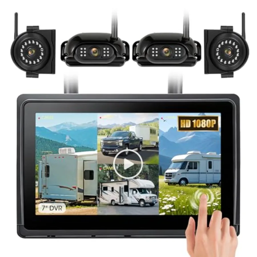 

Wireless RV Backup Camera System for trailer truck: 7 1080P touch screen monitor, 4 waterproof night vision cameras, compatible