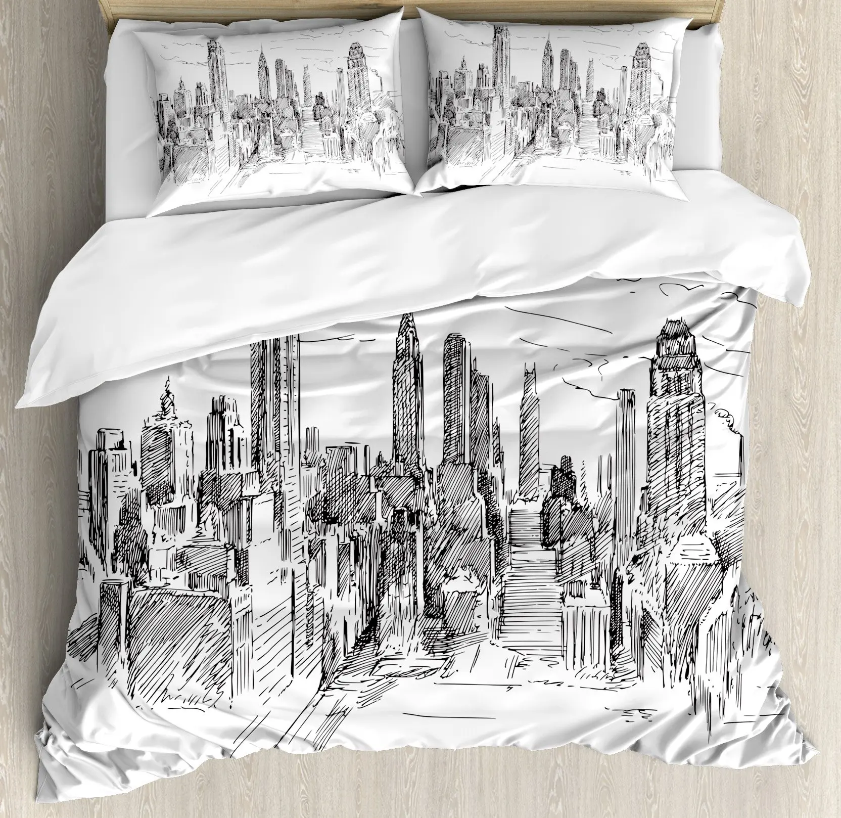 New York Duvet Cover Set City Landscape Bedding Set Twin Queen Size,Manhattan Skyline Comforter Cover City Building Quilt Cover