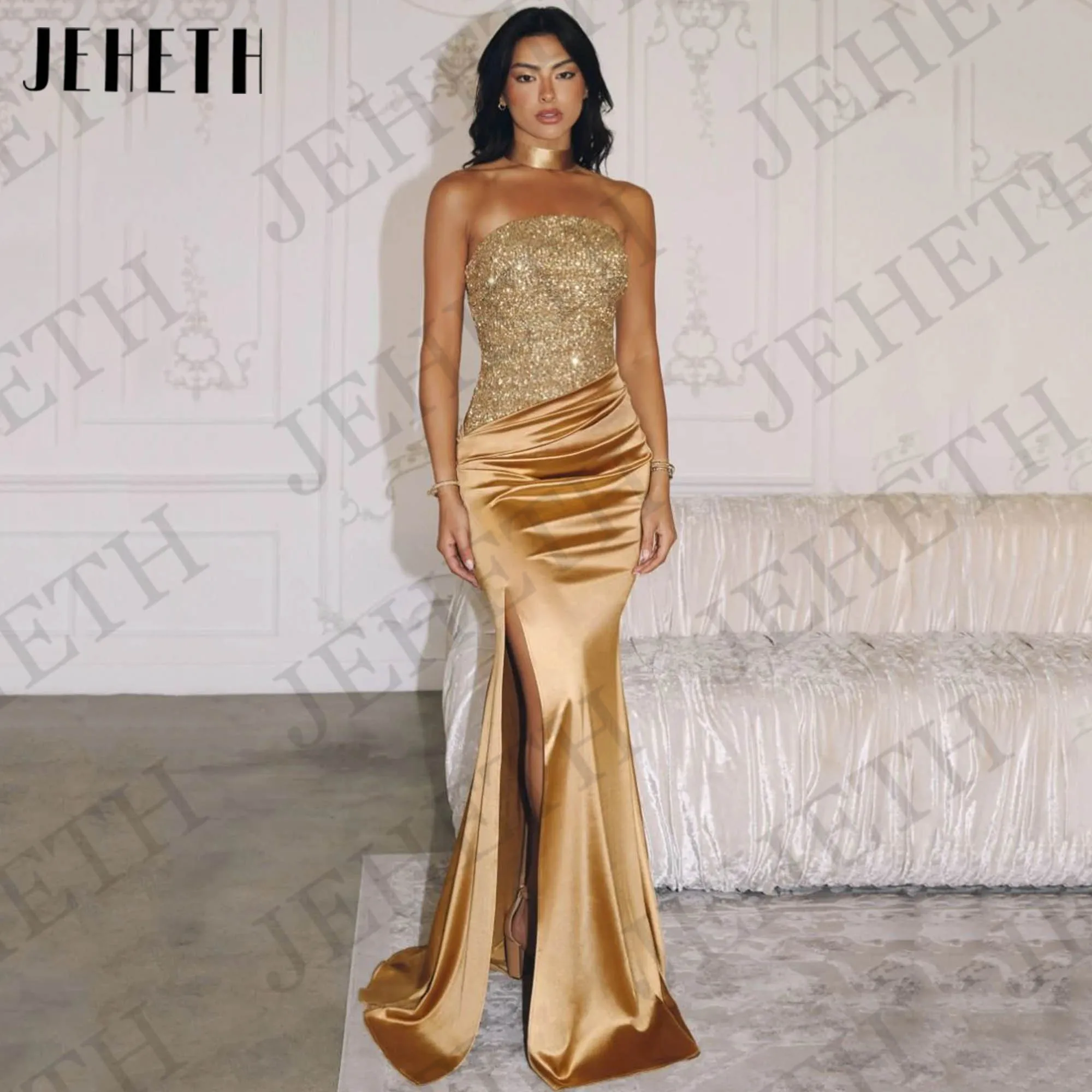 

JEHETH Evening Dresses Strapless Prom Gowns Side Split Sexy Mermaid High Slit Party Dress Sleeveless Customized فستان سهرة نسائي