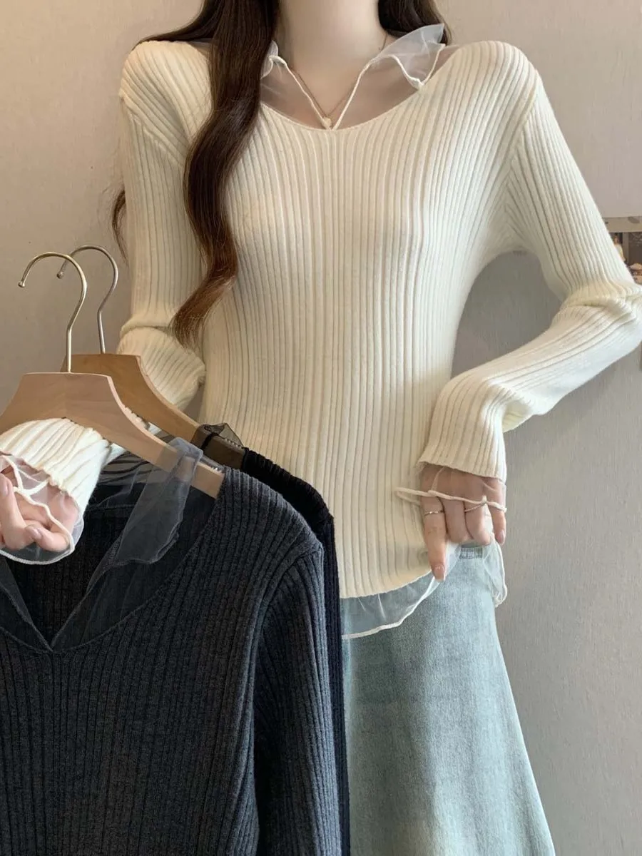 

Slimming Large Size Knitted Top Women's Fashionable Mesh Splice Long Sleeve Base Shirt Younger Looking Fake Two-Piece Style