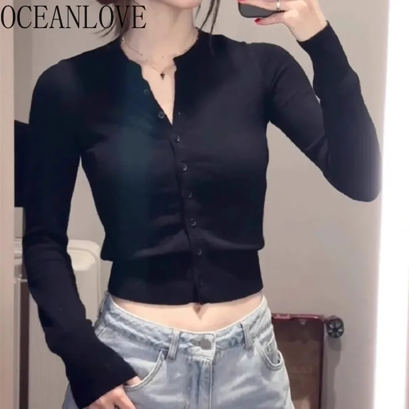 

OCEANLOVE Y2k Short Cardigans Spring Autumn Slim Vintage Woman Sweaters Korean Fashion Grey Sexy Simple Ropa De Mujer