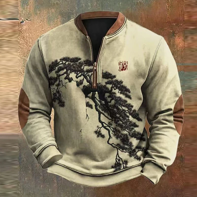 Retro Digital Printing Patchwork Sweatshirts for Men Fall Daily O Neck Zip Up Hoodies Winter Long Sleeve Waffle Top Mens Clothes