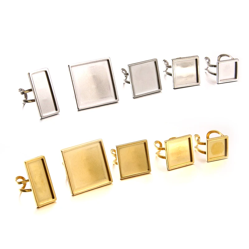 2Pcs Stainless Steel Silver Gold Color Square Rectangle Cabochon Adjustable Rings Bezel Blanks Diy Jewelry Making Accessories