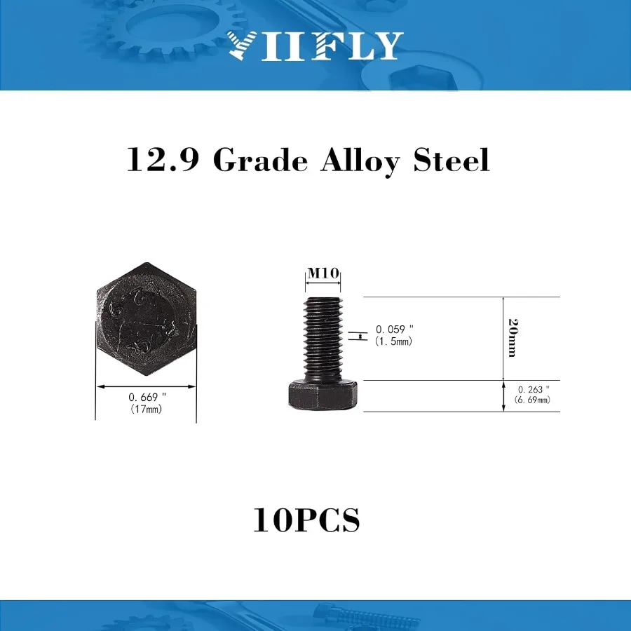 Viti esagonali M10x 20mm M10 Bulloni Bullone M10x1.5 Bulloni esagonali in acciaio legato di grado 12.9 Finitura all'ossido nero Filettatura completa Quantità 10