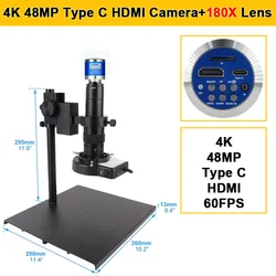 4K 48MP typ C mikroskop cyfrowy HDMI do elektroniki przemysłowej zestaw kamerowy do lutowania wideo 180X C mocowanie obiektywu podstawa metali lekkich