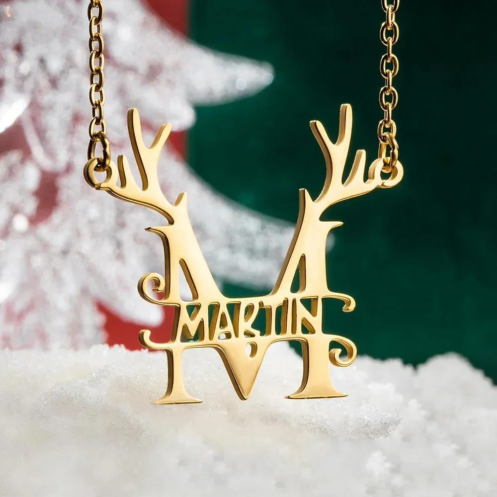 2025 Fashion new style reindeer antler letter custom name necklace, DIY custom moose pendant Christmas gift