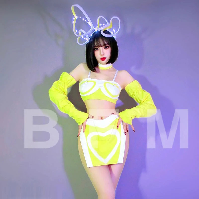 

Fluorescent Yellow Jazz Dance Costume Women Gogo Dancer Outfits Festival Party Clothing Nightclub Bar Dj Ds Stage Wear VDB7138