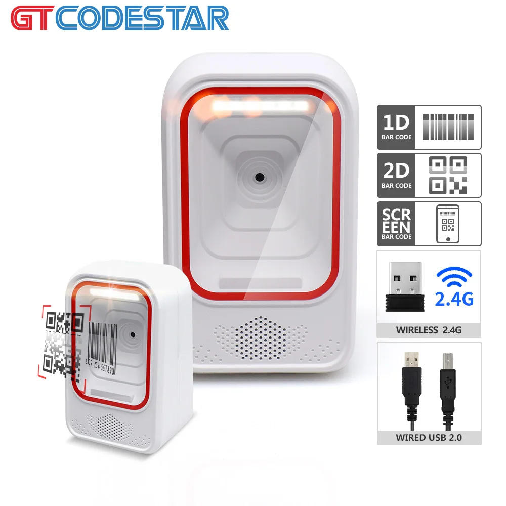 GTCODESTAR Wireless 2D Platform Barcode Scanner Desktop Bluetooth Barcode Reader QR Code Scan Omni Directional for Supermarket
