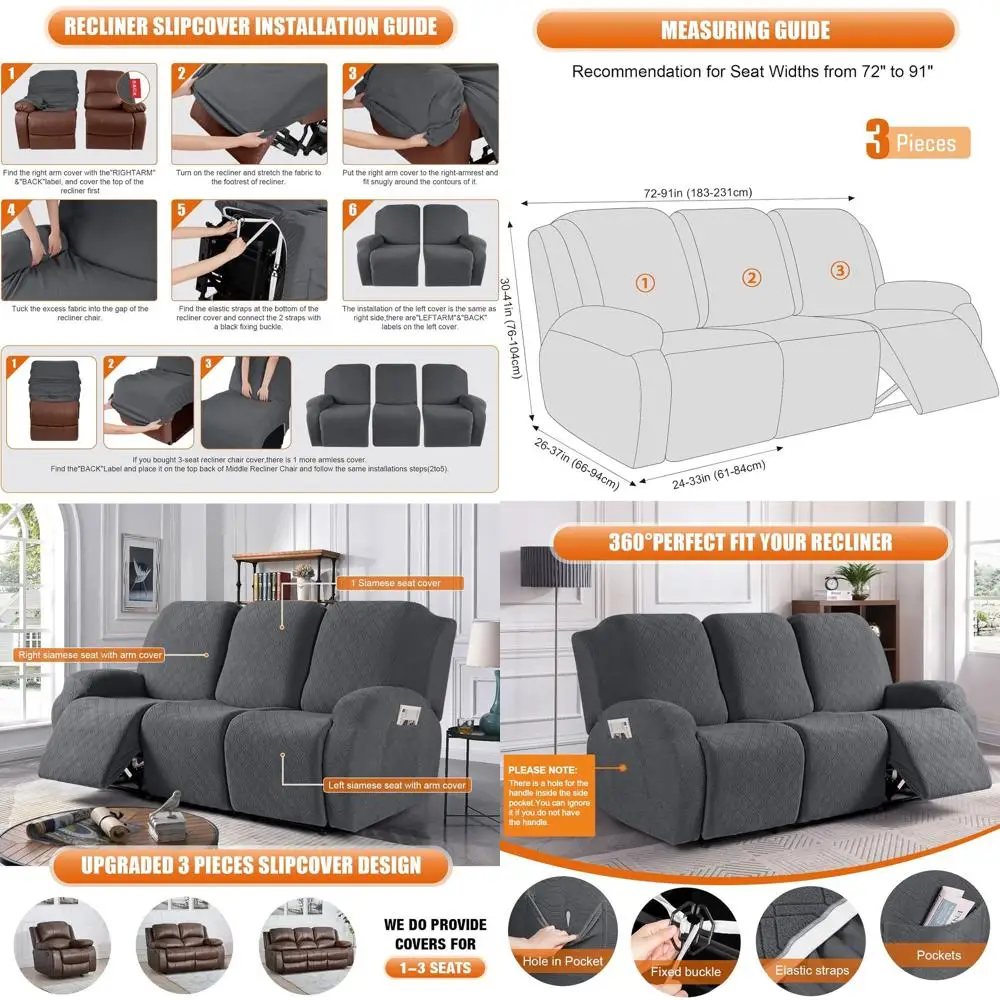 

Комплект из 3 эластичных чехлов для диванов с карманами для откидывающихся диванов, моющиеся чехлы для диванов на 3-местный диван, мебель для домашних животных