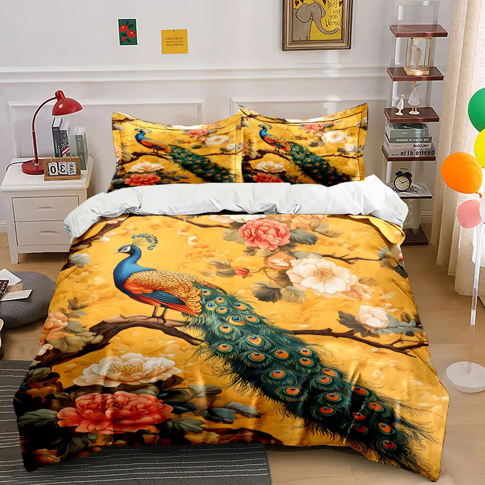 Peacock and Blossoming Branch Duvet Cover Set with 3D Printing Design Soft Polyester Bedding Set All-Season Comfort for gifts