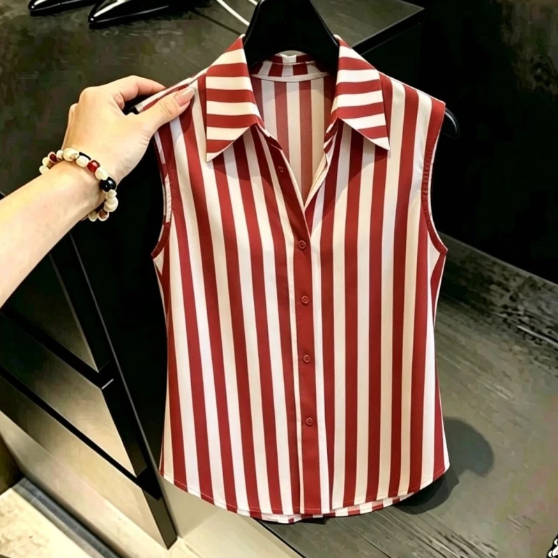 Sleeveless Striped Contrast Button Elegant Shirt Tops Summer New Polo Neck Loose Vintage Blouse Fashion Office Women Clothing