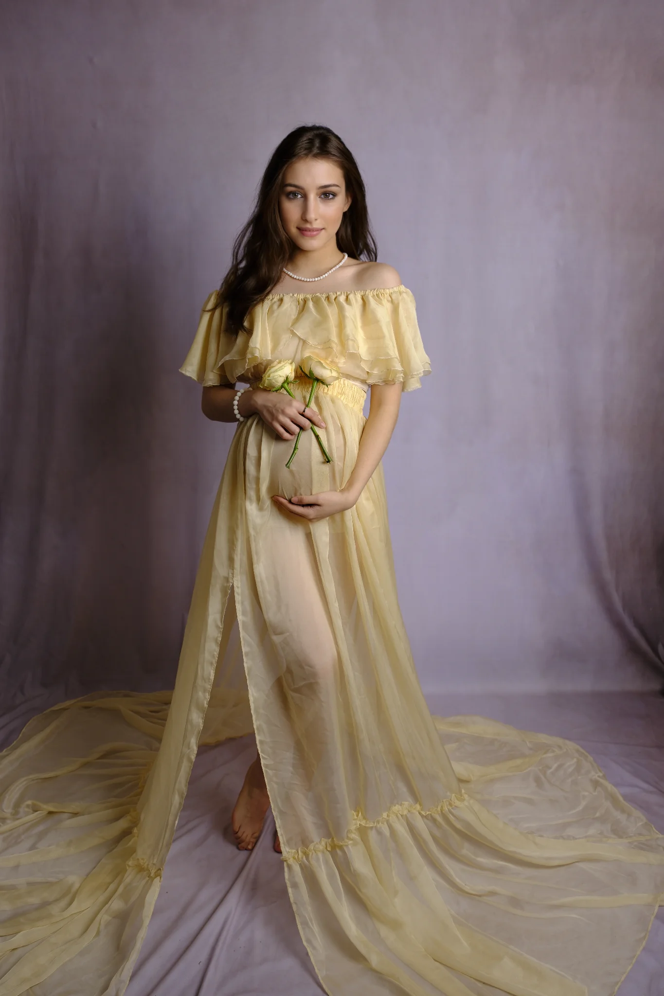 

Dress for Pregnant Women Chiffon Flounce Lace Two-piece Set Elegant Maternity Clothes Photography Photo Shoot Apparel Gowns