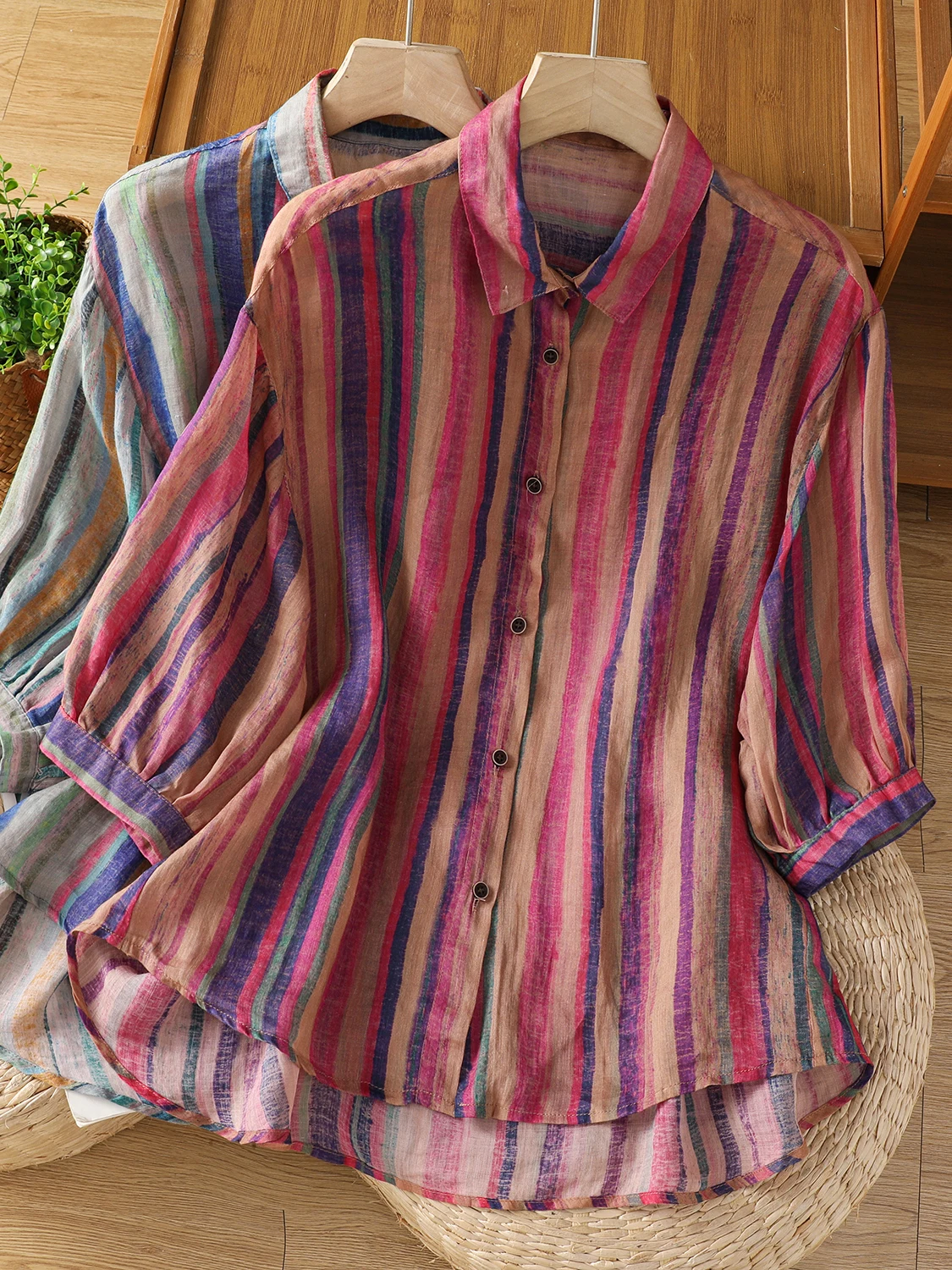 

Retro Printed Stripe Cotton Linen irt Casual Loose plus Size ort Sve irt Collar Single Button Closure