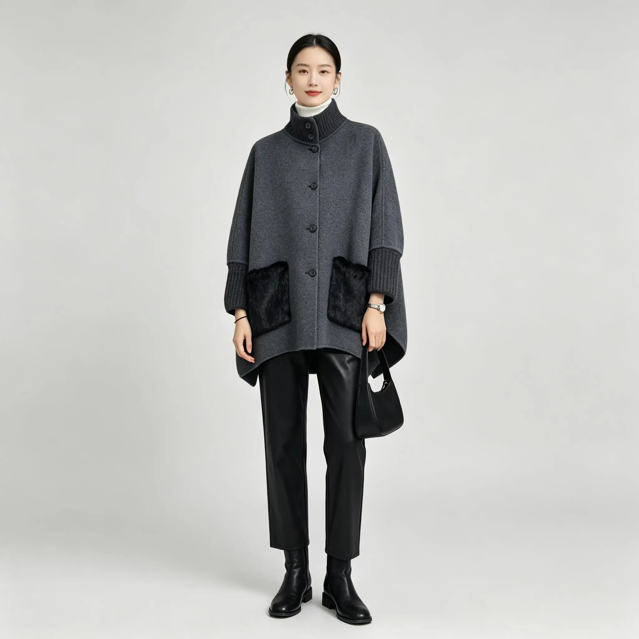 Women Autumn Winter Luxury Cape‑Style Spliced Stand Collar Coat