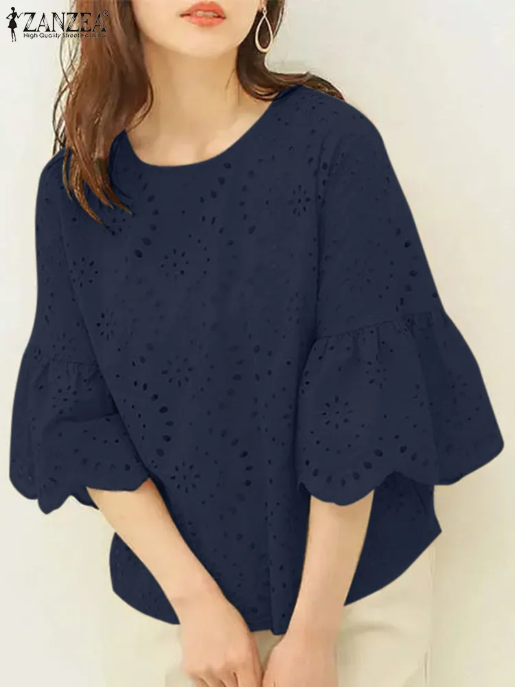 Elegant Lace Crochet Blouse ZANZEA Women Summer Tops 3/4 Sleeve Patchwork Blusas Female Holiday Shirt Stylish Work OL Tops 2024