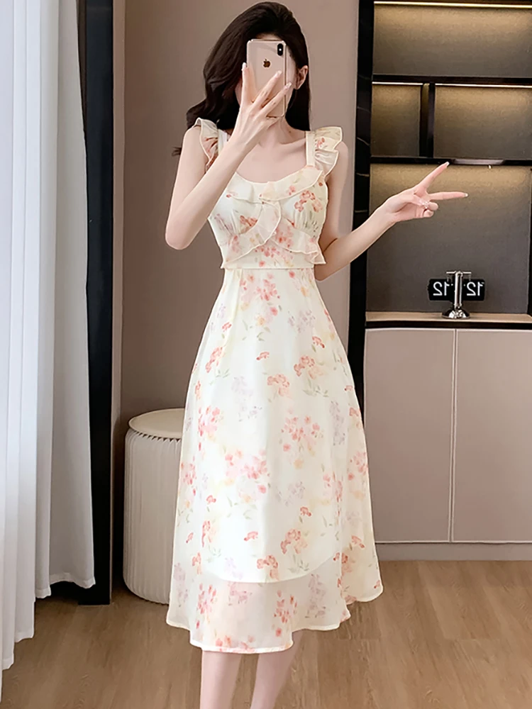 Women Beach Style Floral Chiffon Ruffled Long Dress Summer Fashion Square Collar Sling Sexy Dress 2024 Korean Elegant Prom Dress