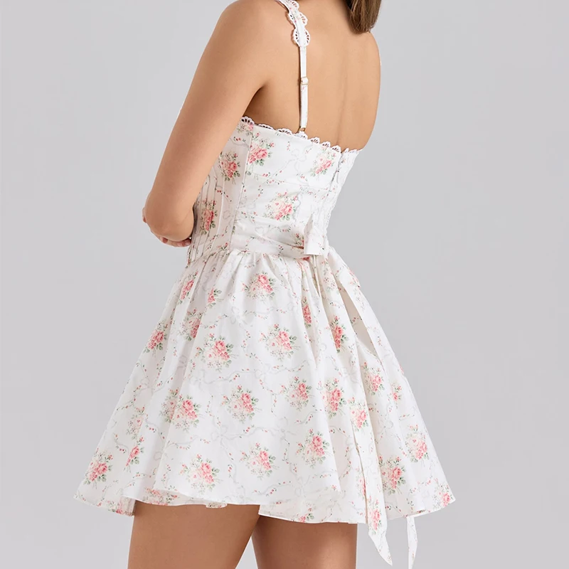 Jastie-minivestido Sexy de encaje empalmado con estampado Floral de rosas para mujer, vestido de verano de cintura baja sin mangas, bata elegante para fiesta de vacaciones
