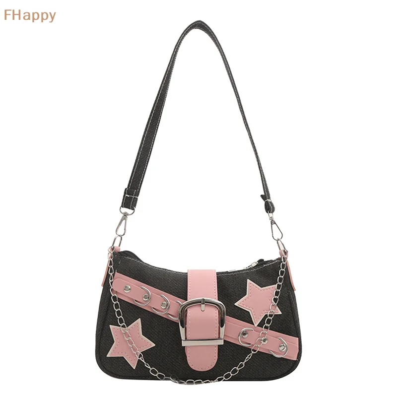 Y2k Fashion Women\'s Handbags Stars Pattern Cool Girls Underarm Bag Fashion Canvas Female Small Shoulder Bags Chain Tote Purses