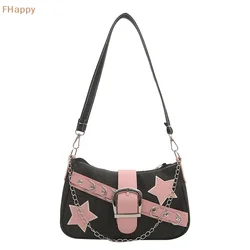 Y2k Fashion Women's Handbags Stars Pattern Cool Girls Underarm Bag Fashion Canvas Female Small Shoulder Bags Chain Tote Purses