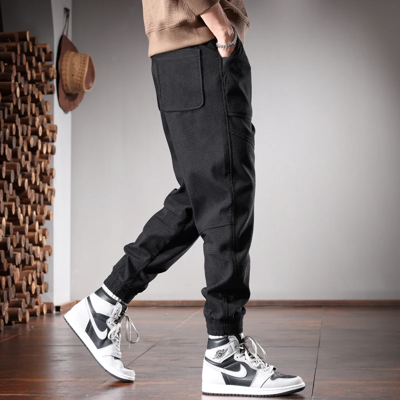 Autumn Black Baggy Pants Men Casual Sports Elastic Waist Drawstring Jogging Trousers