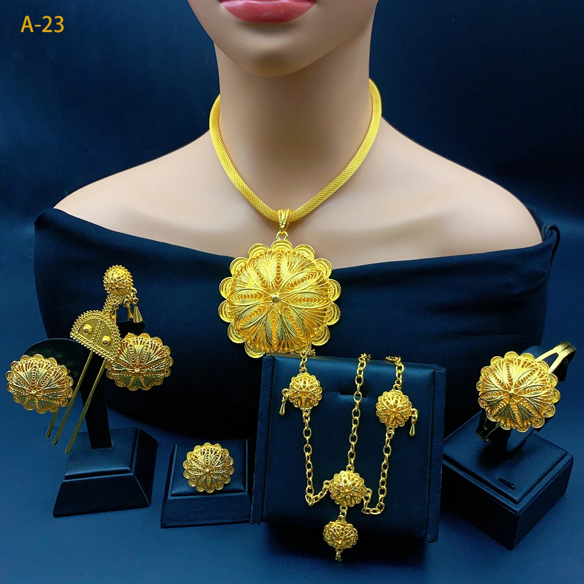 Luxury Ethiopian 24k Gold Color 6pcs Jewelry Sets For Women Dubai Flower Shape Nigerian Necklace Jewellery Set Gift Wedding