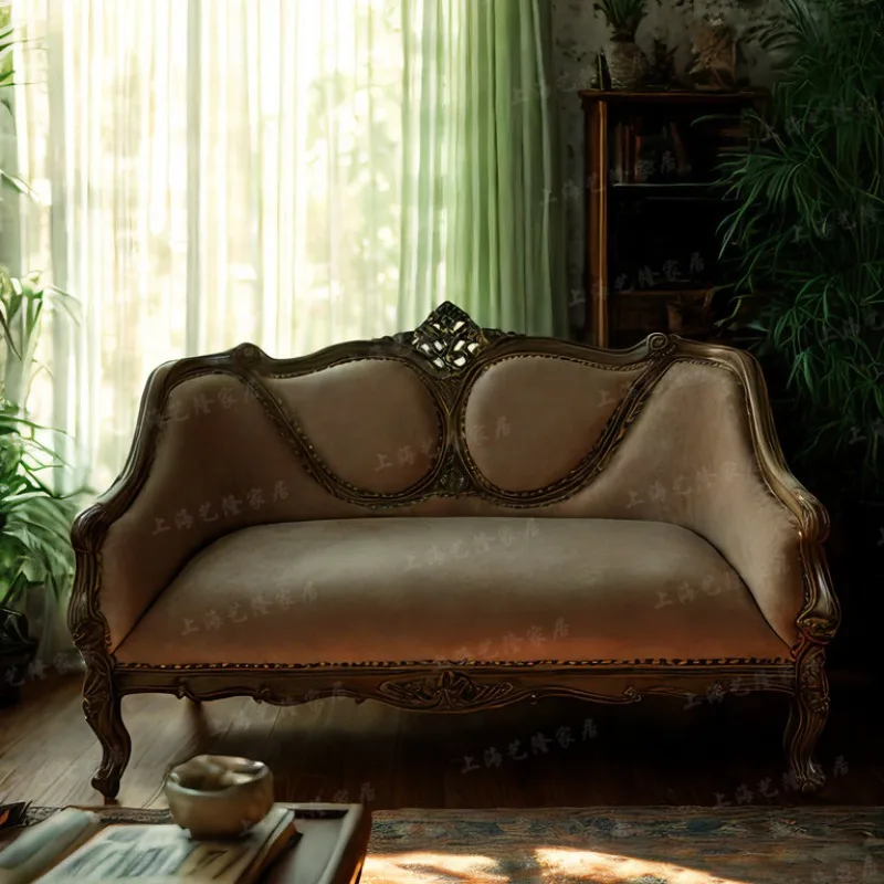 American solid wood sofa French engraving old double three-person European court style fabric studio furniture living room