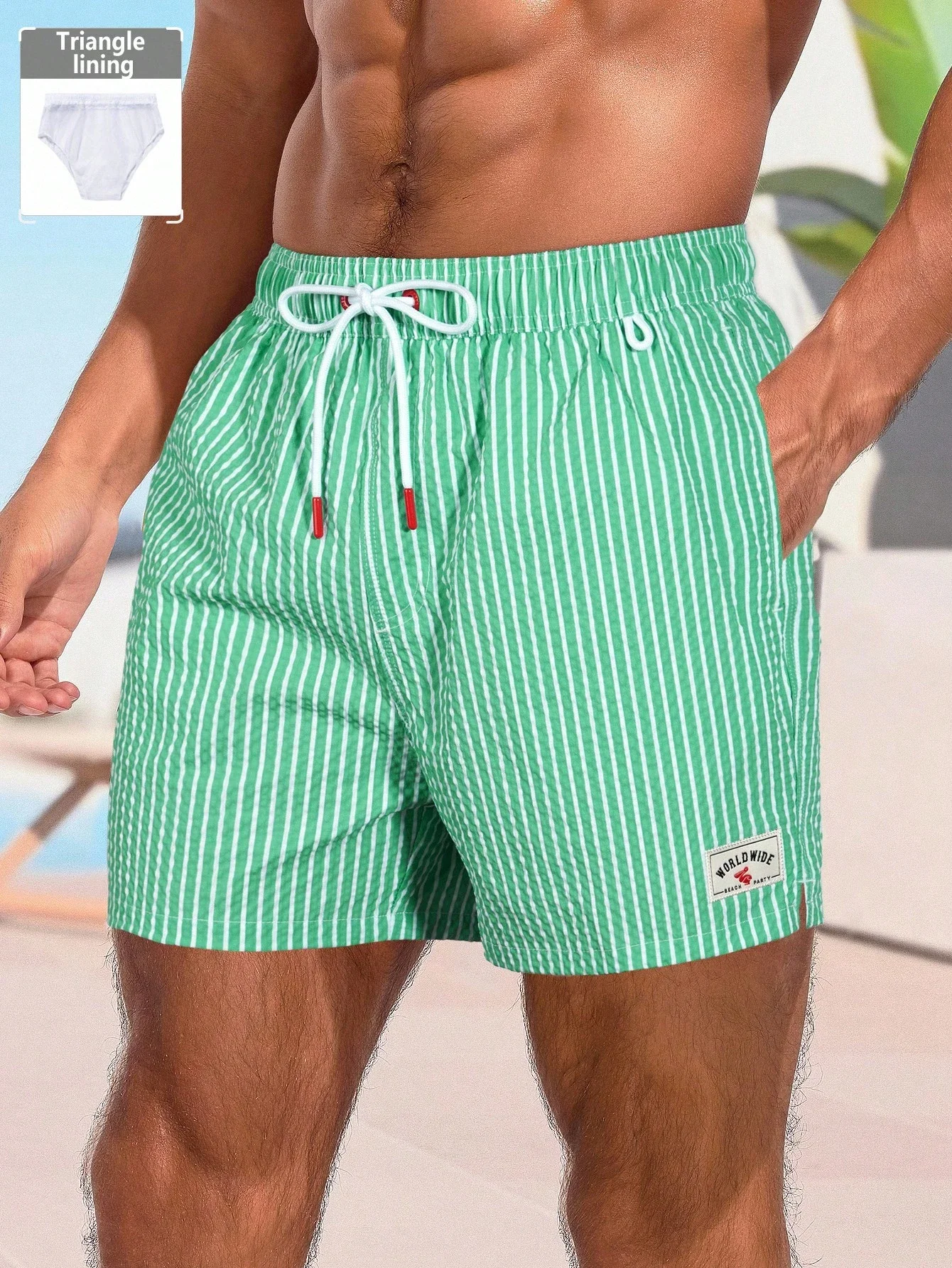 

Green Striped Men's Beach Shorts With Drawstring Pockets Quick Dry Water Repellent