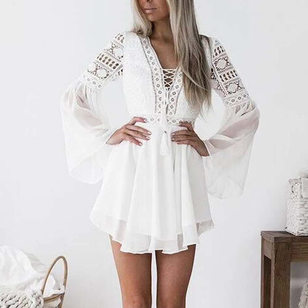 

Women Sexy Lace Hollow Dress Milk White Soft Comfortable Dress V-Neck Loose Long-Sleeved Short Sexy Dress Simple Fashion Dress