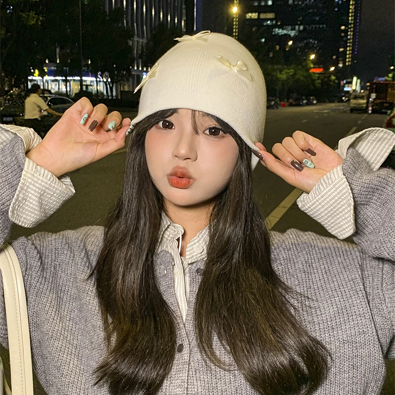 단색 리본 여성 모자 가을 겨울 니트 따뜻한 비니 소녀 방풍 크로셰 귀 보호 캡