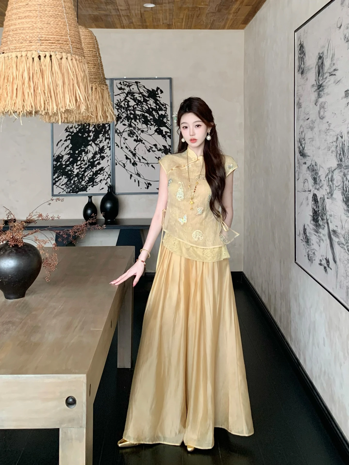 New Chinese Style Yellow Set Embroidered Lace Top Women Summer  Long Pants High Waist Slim Fit Mid-Length Shirt