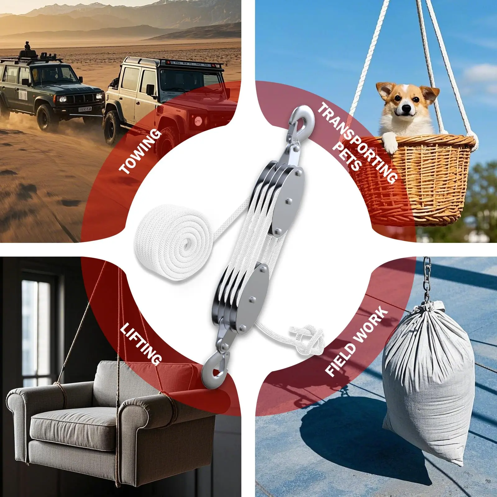 270 °   Bloque de polea de cuerda giratoria, gancho de aleación, grúa de mano, polipasto de alta resistencia, dispositivo de elevación Manual, instalaciones de elevación