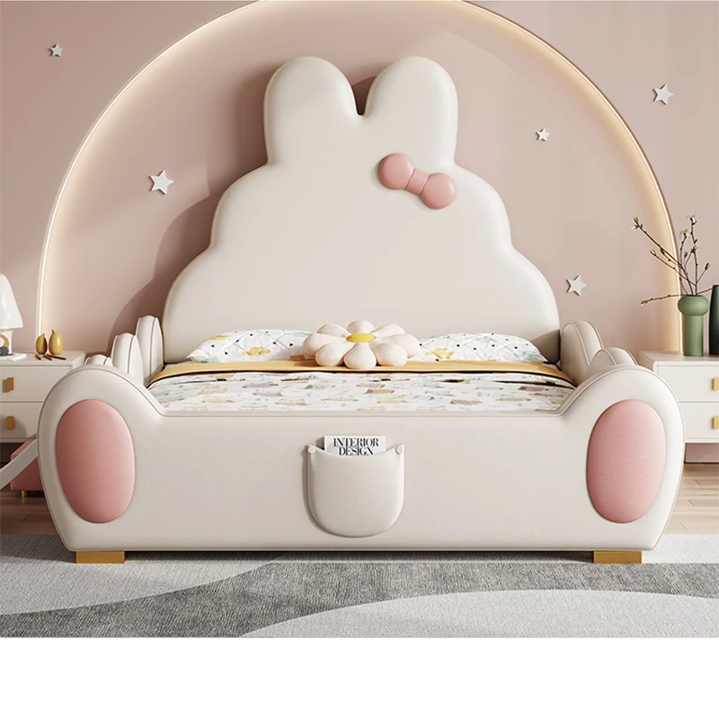 #Popular Rabbit-Themed Kids Bed for Girls Made of Leather and Solid Wood Children's Bed with Guardrails and Slide