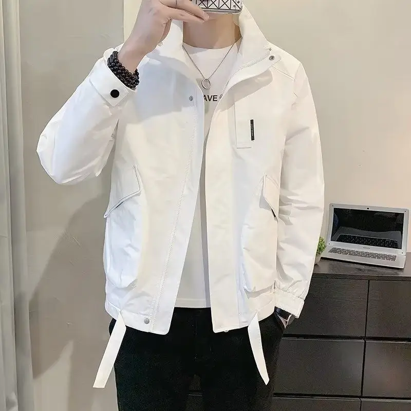 

Белая весенне-осенняя мужская куртка, модная свободная молодежная рабочая одежда, пальто-стойка, длинная застежка-молния све, чистый цвет, полиэстер...