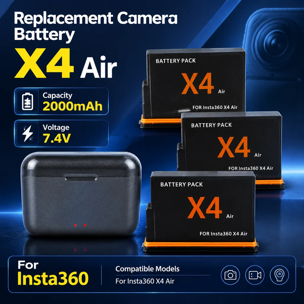 Replacement Camera Battery 2050mAh For Insta360 X4 Air with LCD 2-Slot Fast Charge Box, Rechargeable Battery Accessory Set