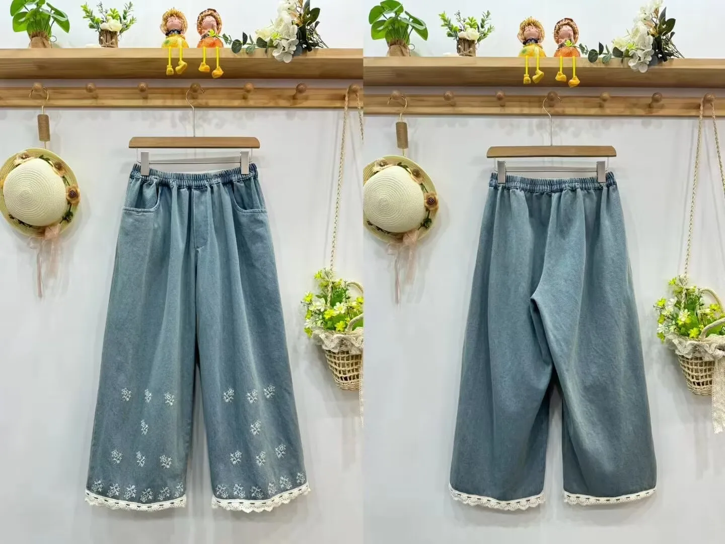 Autumn New Preppy Style Embroidered Denim Pants Women Elastic Waist Casual Pants